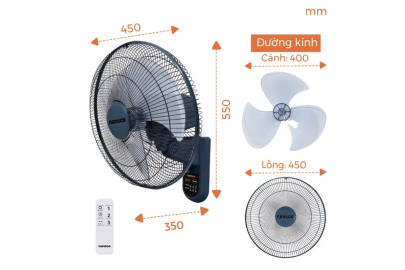 Quạt treo tường Nanoco NWF1612RC - 3 cánh Xám/Xanh/Beige/Xanh Coban, có remote